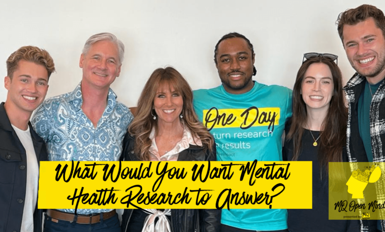 Celebrities AJ Pritchard, Curtis Pritchard, Linda Lusardi and Gemma Styles stand alongside MQ's Professor Rory and Craig all smiling with the text asking "What would you want mental health research to answer?