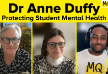 Image shows Professor Rory, Dr Anne Duffy and Craig Perryman in a split screen on a video call interview. Black text on yellow background reads "Dr Anne Duffy Protecting Student Mental Health" - MQ Open Minds Podcast