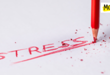 A red pencil is pictured having just written the word "stress" on a white piece of paper and underlined it. The pressure of the pencil indicates the person writing is stressed.