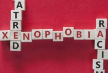 Xenophobia, hatred and racism words written with blocks on red background. Social issues concept