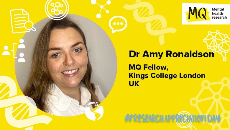 On a yellow background including scientific symbols sits an inset of a circular photograph of Dr Amy Ronaldson who smiles to camera in a white shirt and long hair.