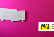 Against a bright pink background, on the left of the image two speech bubbles overlap.